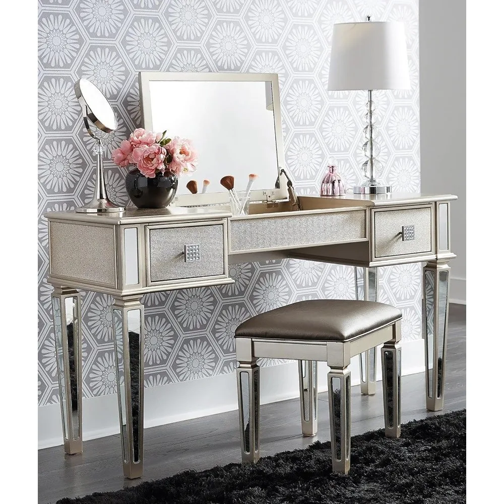 

contemporary wooden makeup vanity table with flip mirror and stool, complete with drawers for bedroom use