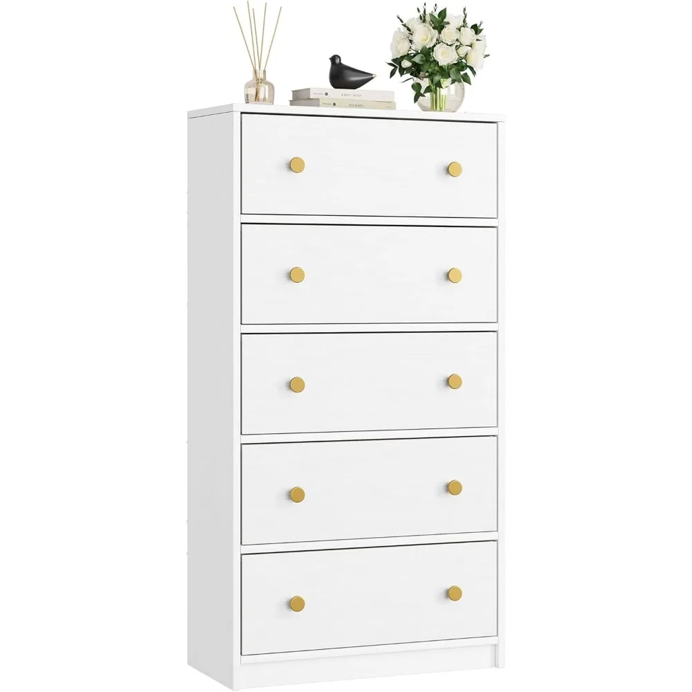 

White Dresser for Bedroom with 5 Drawers Wooden Dresser Storage Tower, Chest of Drawers for Closet, Living Room, Hallwa