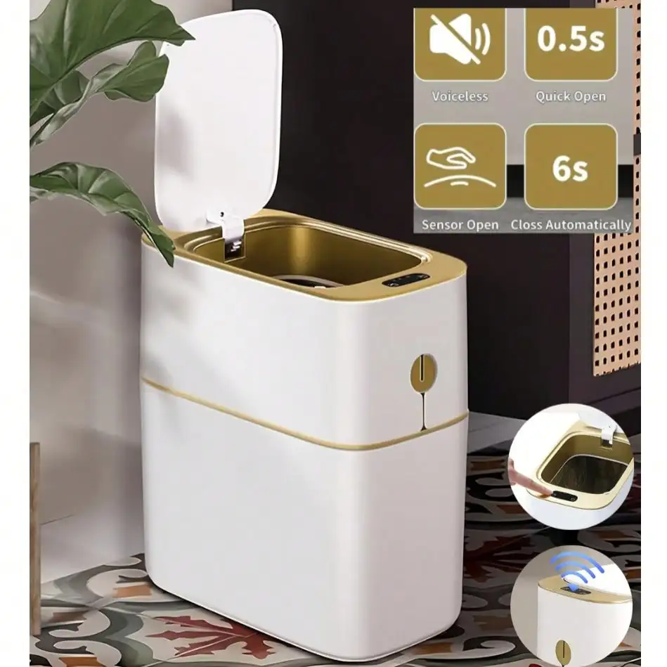 

1 Pc 4 Gallon Automatic Touchless Smart Bathroom Trash Can, With Lid And 1 Roll Of Trash Bags,