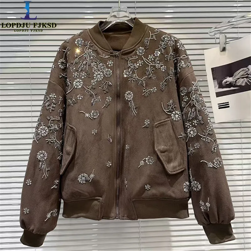 2026 Winter New Coat for Women,Retro Heavy Industry Nail Bead Suede Embroidery Loose Cotton Jacket