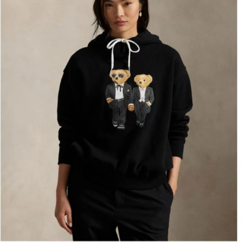 レタープリント長袖パーカー 春秋カジュアル ドローストリングスリーブ フード付き レギュラーフィット ドロップショルダー ブラックベア スウェットシャツ