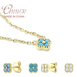 CANNER S925 Sterling Silver Turquoise Flower Jewelry Set Stud Earrings Pendant Necklaces Chain for Women Gifts Collares Choker