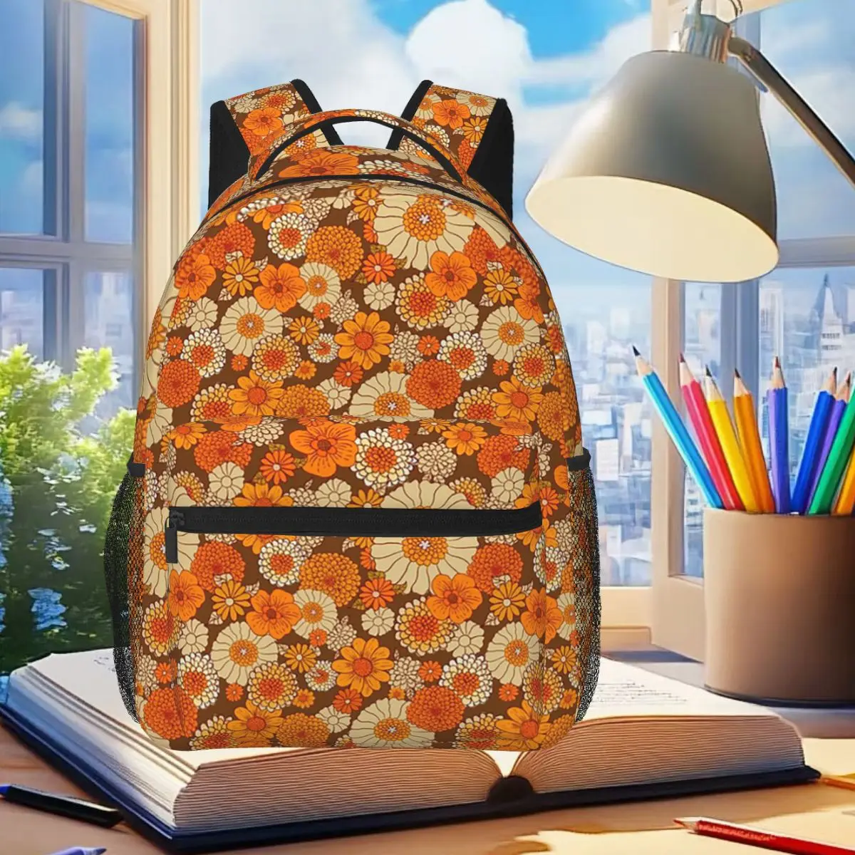 70s Retro Daisies Vintage Flower Power Orange And Brown Boho Backpack Student Boys Girls BookBag School Bag Laptop Shoulder Bags