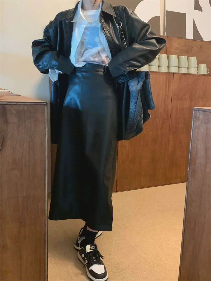 2024 Autumn Fashion Set PU Leather Jacket Jacket Women's Early Autumn High Waist Slimming Straight Skirt 2-piece Set