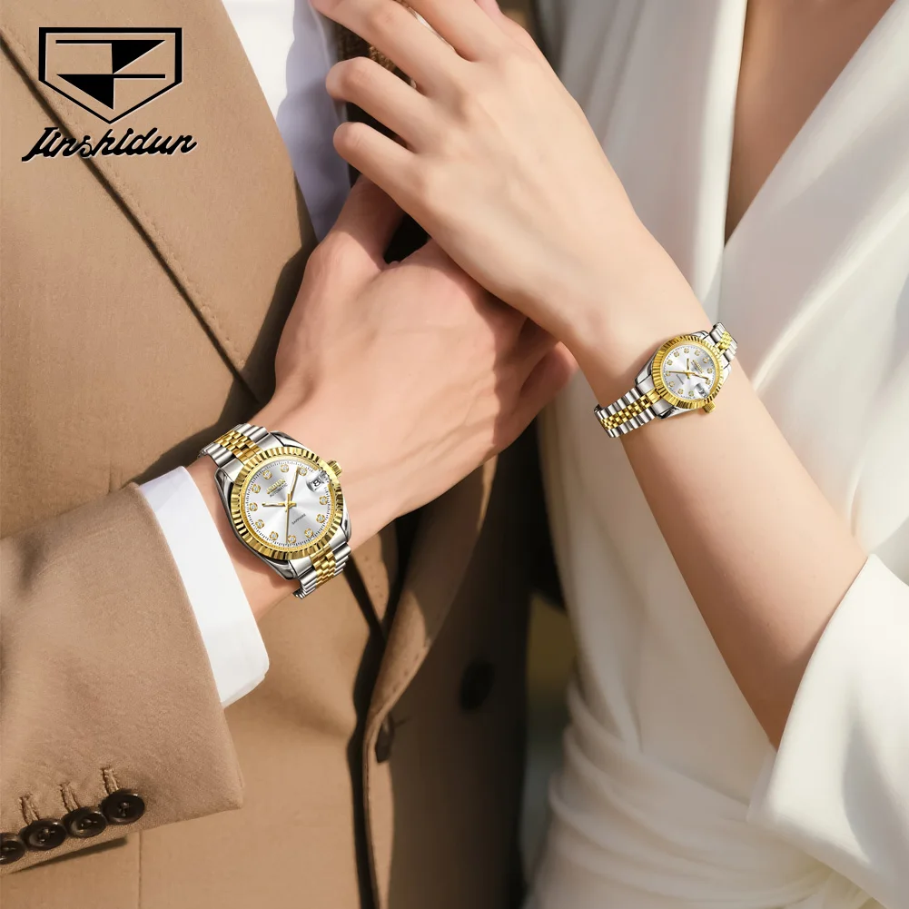JSDUN ساعات الزوجين الفاخرة الأزياء الجميلة الصلب أعلى العلامة التجارية الأصلية التلقائية الميكانيكية ساعة اليد للماء رجل وامرأة ووتش