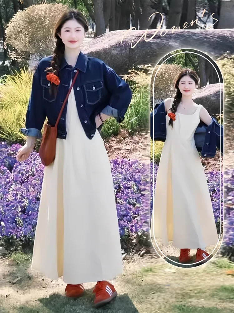 

plus Size Spring Fashionable Retro Denim Jacket Slimming Waist Dress Two-Piece Set High Waist A-Line Skirt Long Sleeve C...