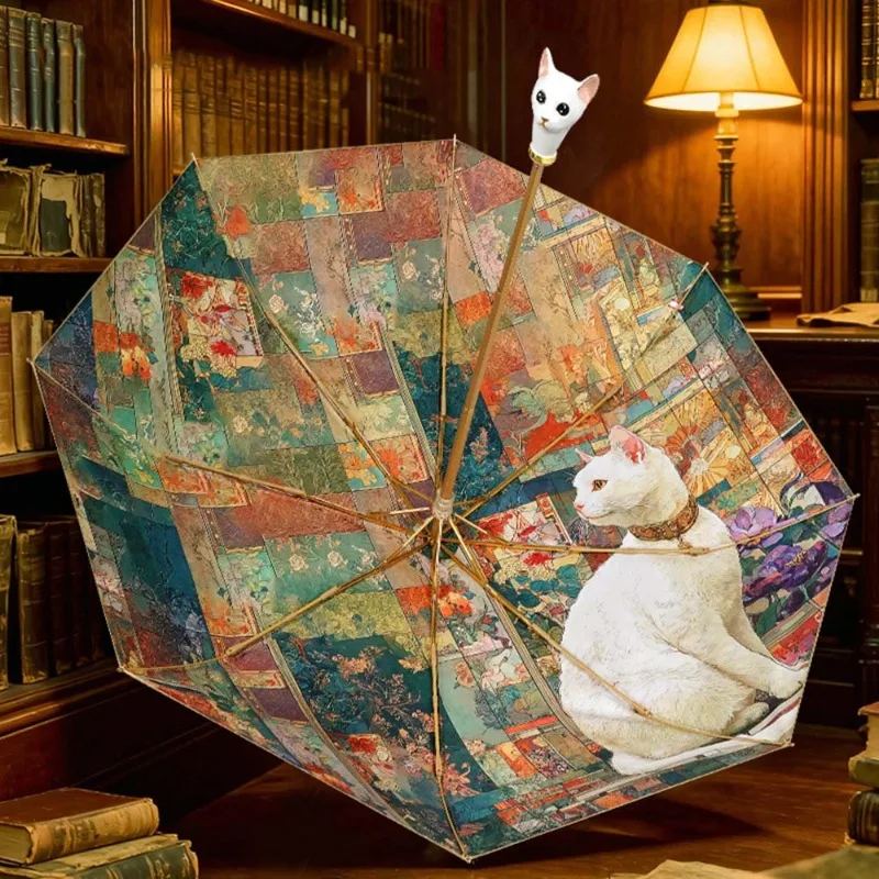 

Cute Cat Handle Folding Umbrella, Oil Painting UV Protection Sun Rain Parasol with Bag, Women Portable Anti-UV Umbrella Case