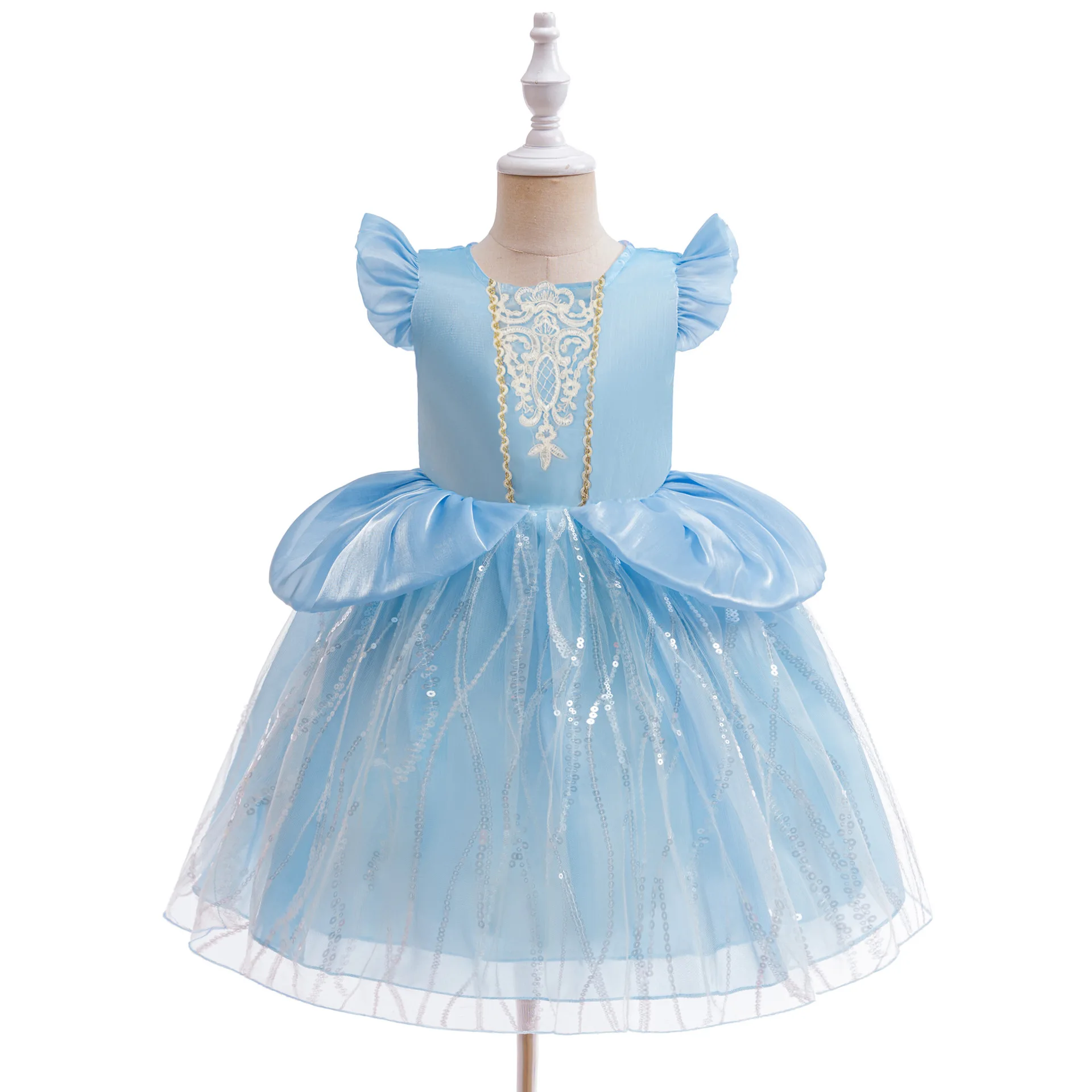 Girls Blue Sequin Cinderella Cosplay Party Dress Kids Frozen Elsa Princess Gown Girl Bow Fluffy Costume Young Sleeping Beauty