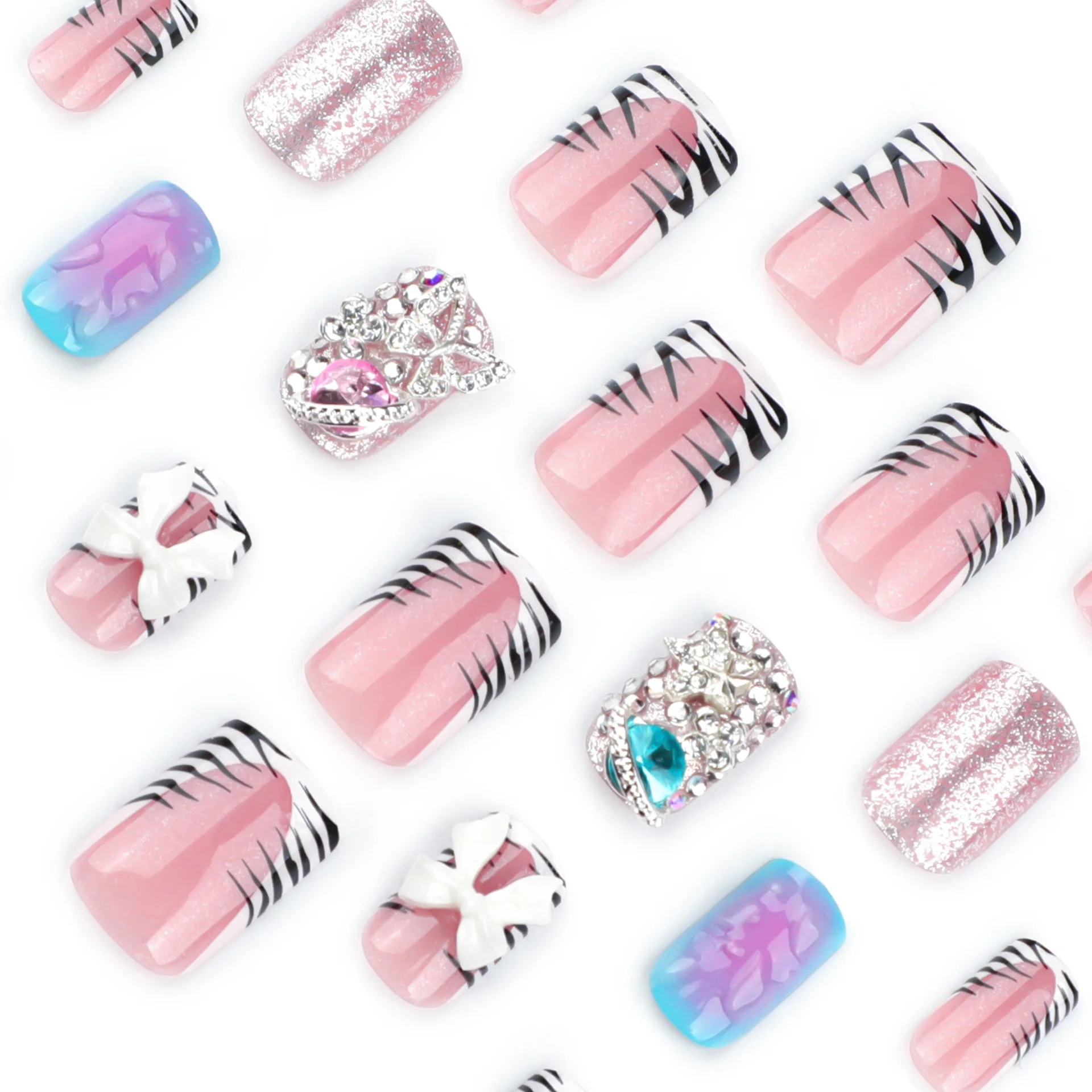 24pcs Y2k Sweet Cool Press On Nails Franse stijl Zebraprint Ontwerpen Kunstnagels Glanzende Strass Strikjes Decor Blush Fake Nail