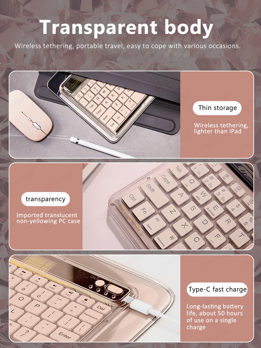 Transparent Wireless Bluetooth Keyboard for iPad Smartphone Tablet Laptop Backlit for iOS Android Windows Transparent Wireless B