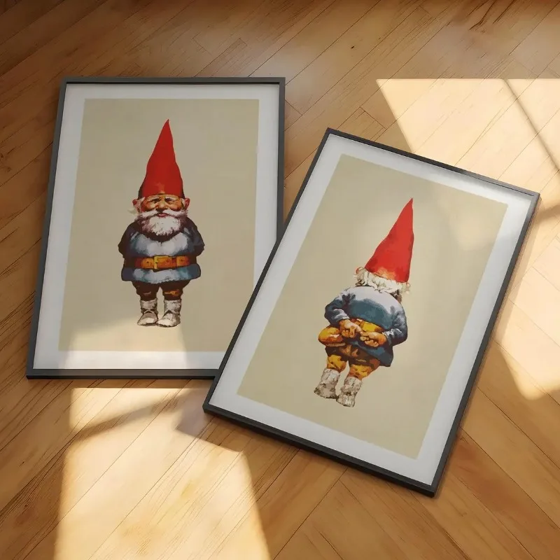 Christmas Gnome Front and Back View Red Hat Folk Art Canvas Poster Prints Frameless Wall Art Cute Rustic Farmhouse Home Decor