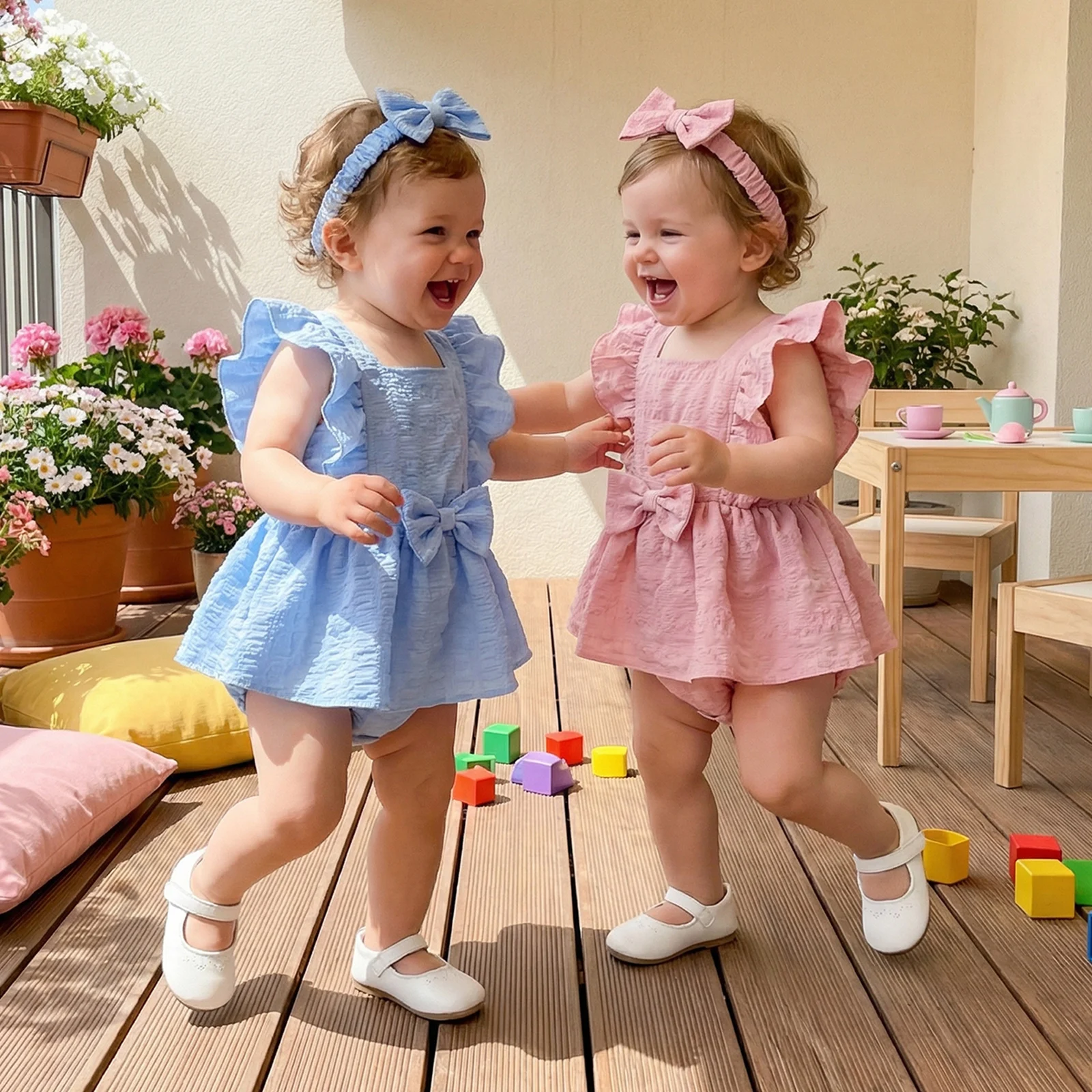 2Pcs Infant Baby Girl Outfit Square Neck Flying Sleeve Bow Decor Romper Dress and Bow Headband Set