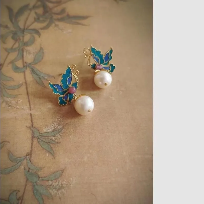 Chinese style enamel craftsm butterfly pearl earrings for women flower Classical Hanfu cheongsam retro earring wedding jewelry