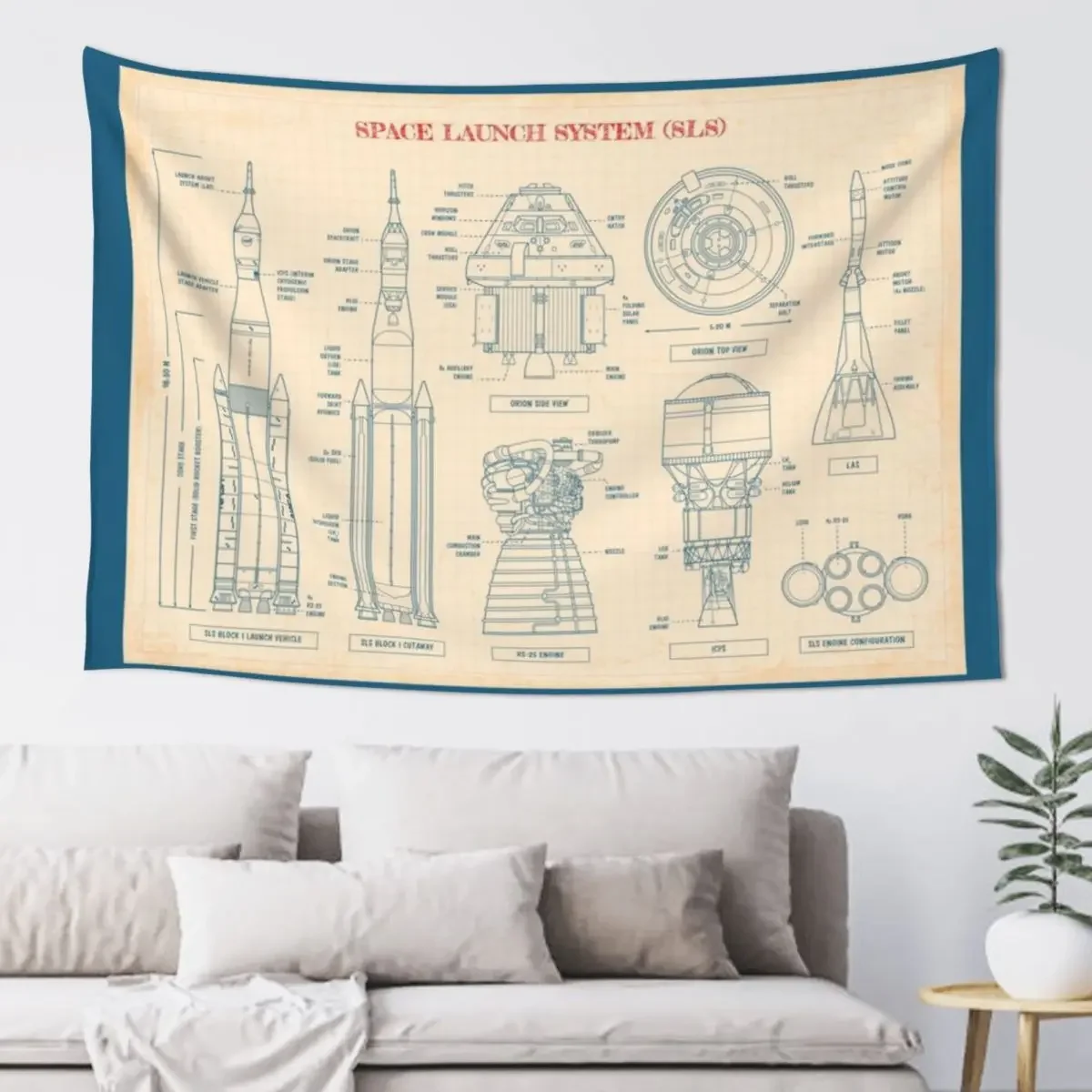 Space Launch System (SLS) - Old Paper Grid Tapestry Anime Decor Bedroom Decoration Tapestry