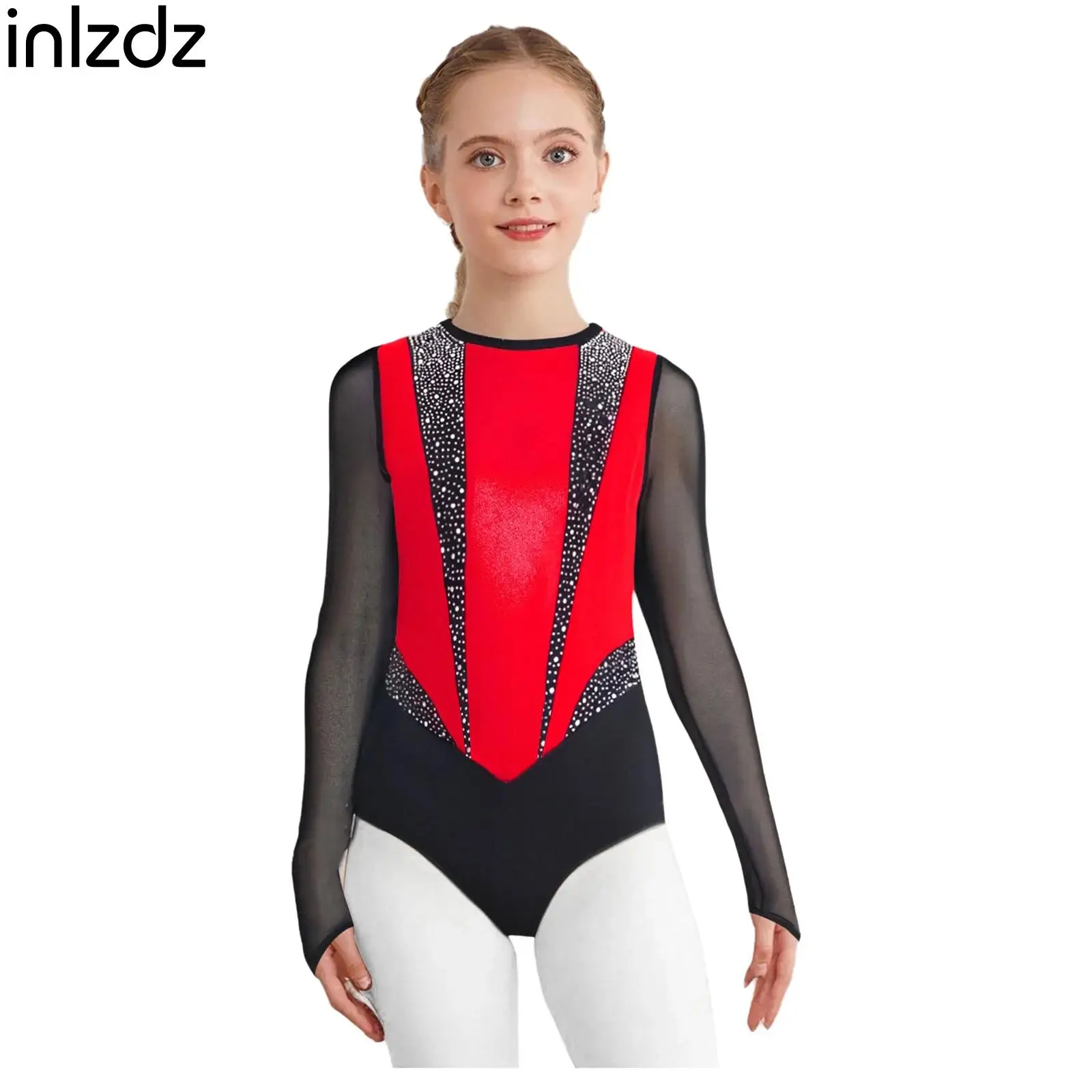 

Girls Shiny Rhinestones Color Block Gymnastics Leotard Sheer Mesh Long Sleeves Figure Skating Bodysuit Kids Performance Clothing