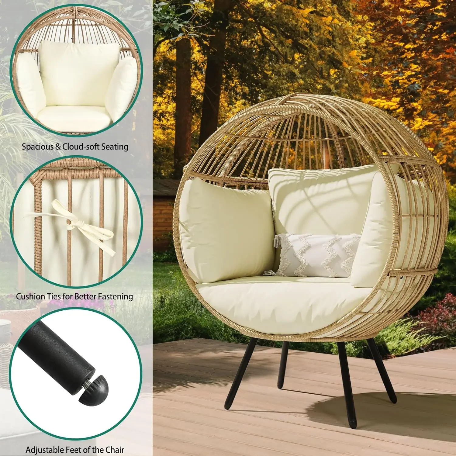 

Oversized Egg Chair Wicker Outdoor Indoor Basket Lounger, Large Round Chairs w/ Stand Cushion for Patio Balcony Bedroom