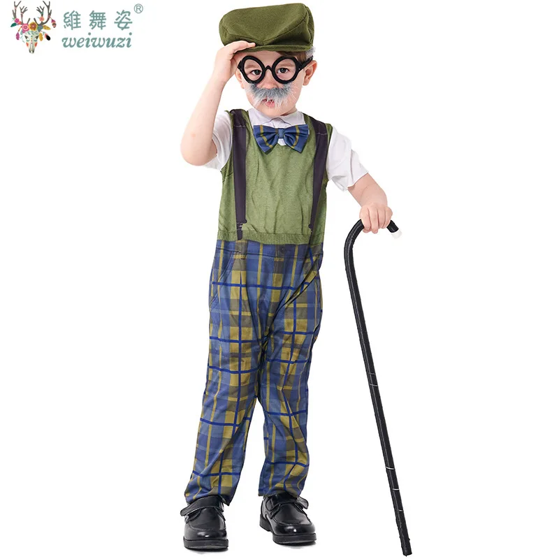 

Halloween Beard Centenarian Cosplay Costume for Boy Plaid Jumpsuit with Hat Glasses Suit Kids Children's DayShow Grandpa Costume