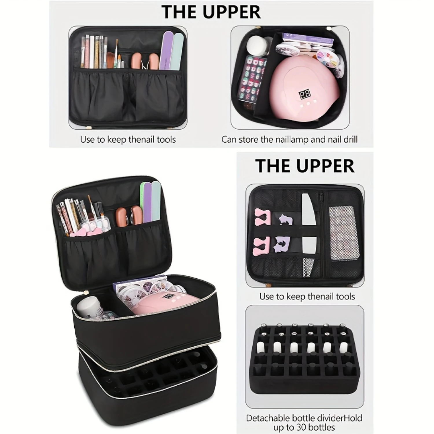 Nail Polish Carrying Case with Double Layers Organizer Bag for Gel Nail Polish, LED Nail Lamp Box - Multifunctional Makeup Bag f