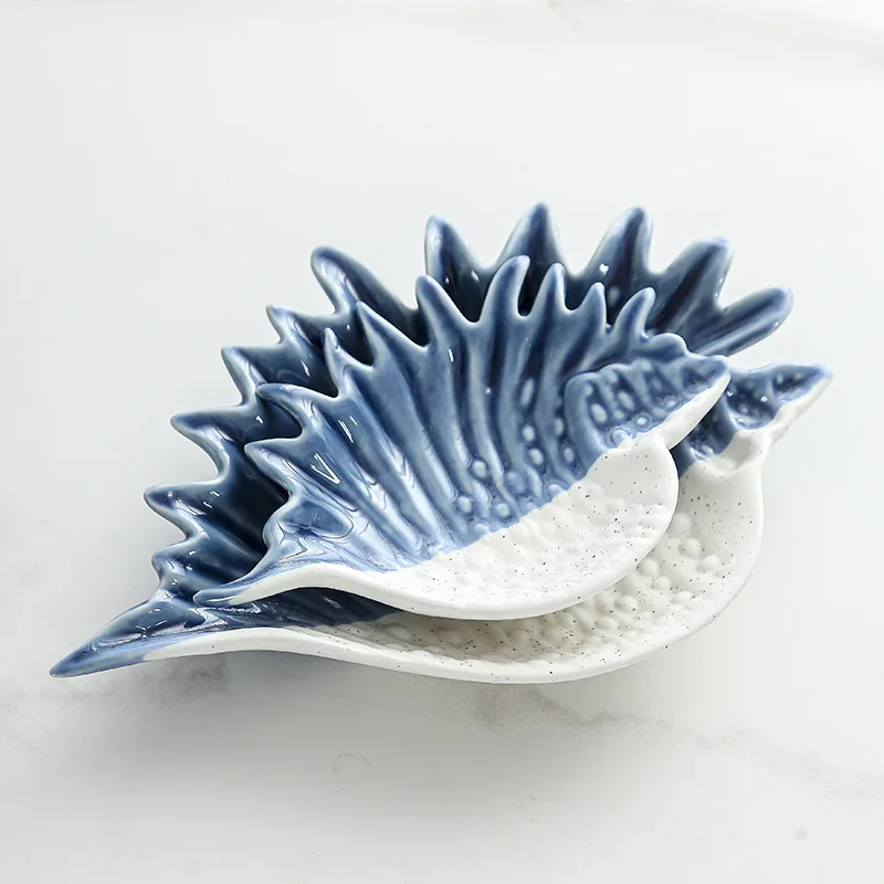 Blue Sea Shell Jewelry Storage Tray, Nordic Ocean Style Ceramic Necklace And Ring Storage Box Display Stand. Fruit Plate