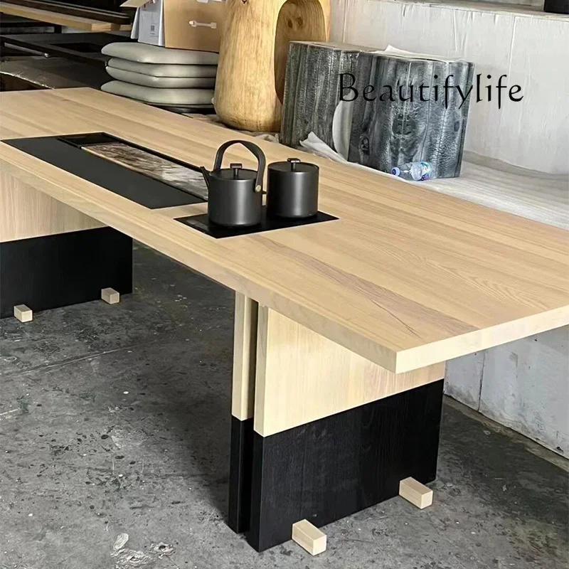X36 Minimalist Designer Modern Simple Wabi Wind Solid Wood Tea Table Integrated Kettle Embedded Tea Table