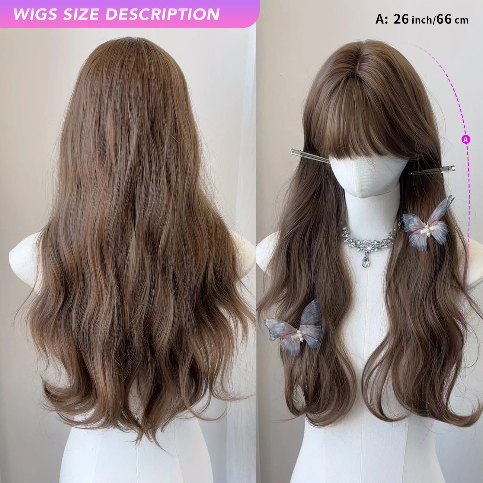 MEISU 26 Inch Curly Wave Bangs Wig Brown Synthetic Fiber Layered Hair Heat-Resistant Natural Smooth Extend Hair Selfie Party