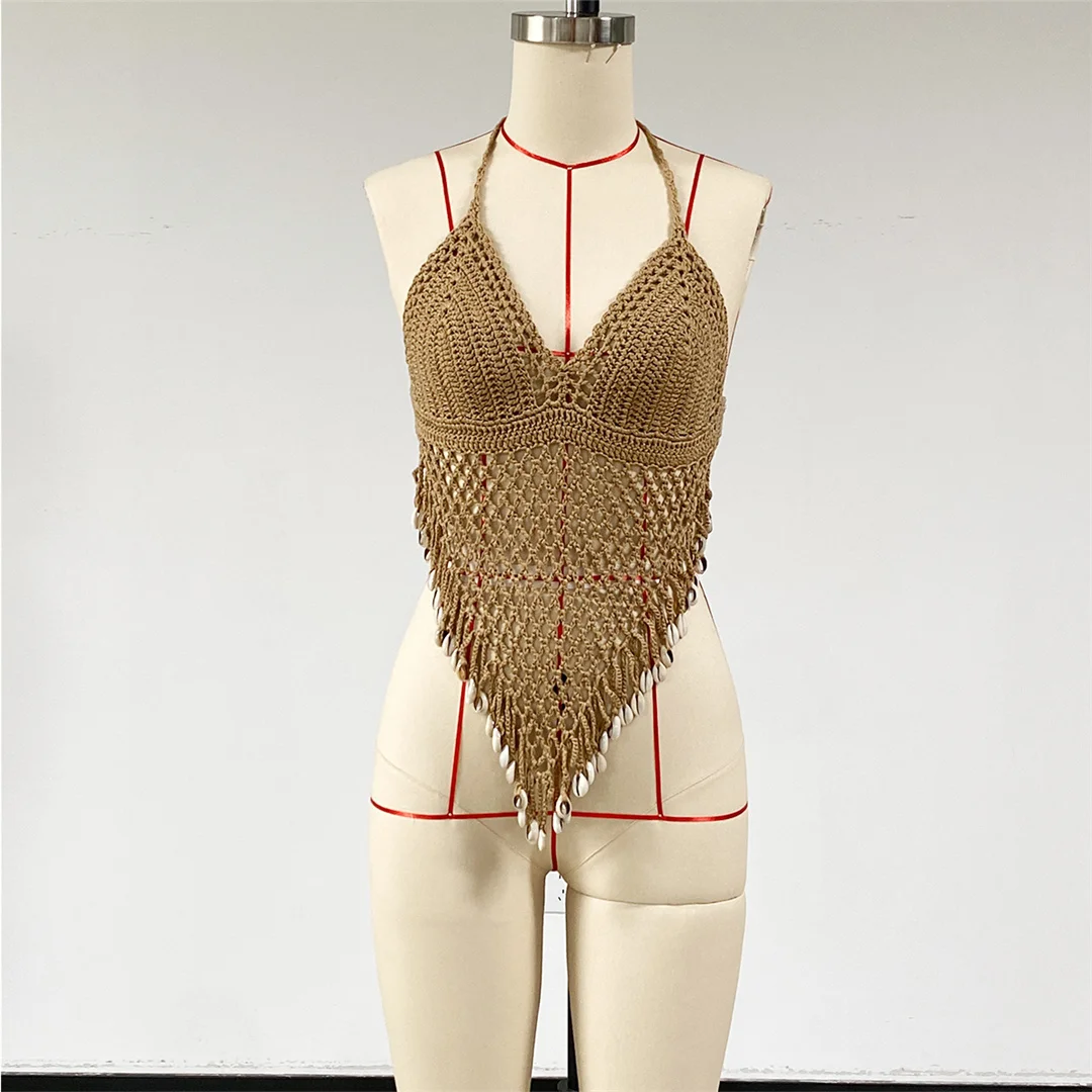 Sexy Quasten, ausgehöhltes, gehäkeltes, gestricktes Bikini-Oberteil, Strand-Überwurf, Strandkleid, Strandbekleidung, Damen V8427 – Detail 6