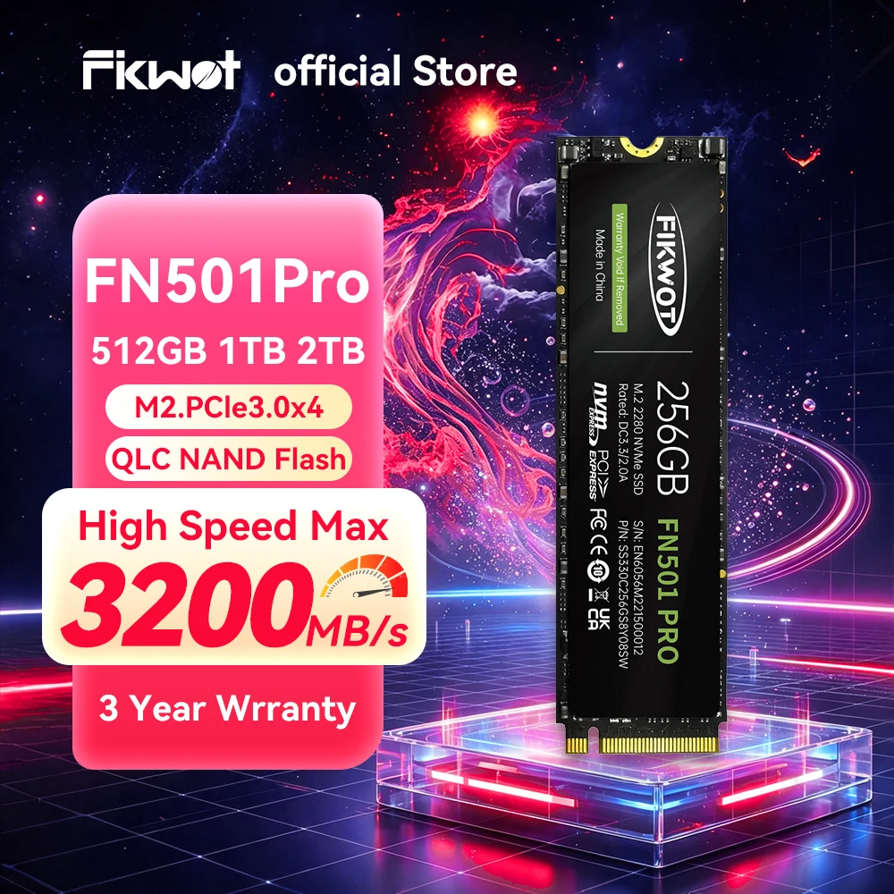 SSD Nvme Fikwot FN501 Pro M.2 NVMe SSD 3200MB/s PCIe 3.0x4 256GB 512GB 1TB 2TB 3D NAND Unidade de Estado Sólido Interna para Laptop PC Desktop