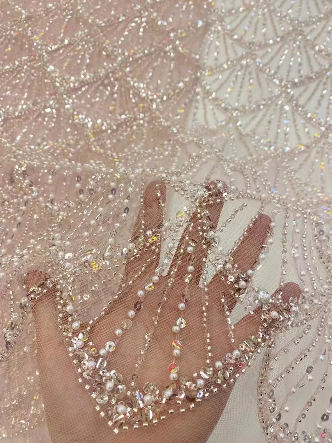 1 Yard Nigerian High-Quality Beaded Sequins Mesh Lace Fabric 2026 African Bridal Wedding Party Dress Sewing Mesh Lace