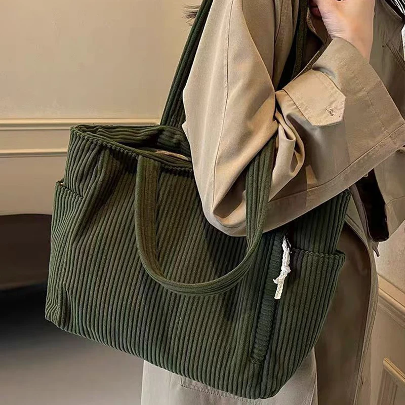 

Casual Corduroy Handbag with Zipper Closure Light and Large Capacity Fixed Shoulder Strap Solid Color Daily Commuter Handbag