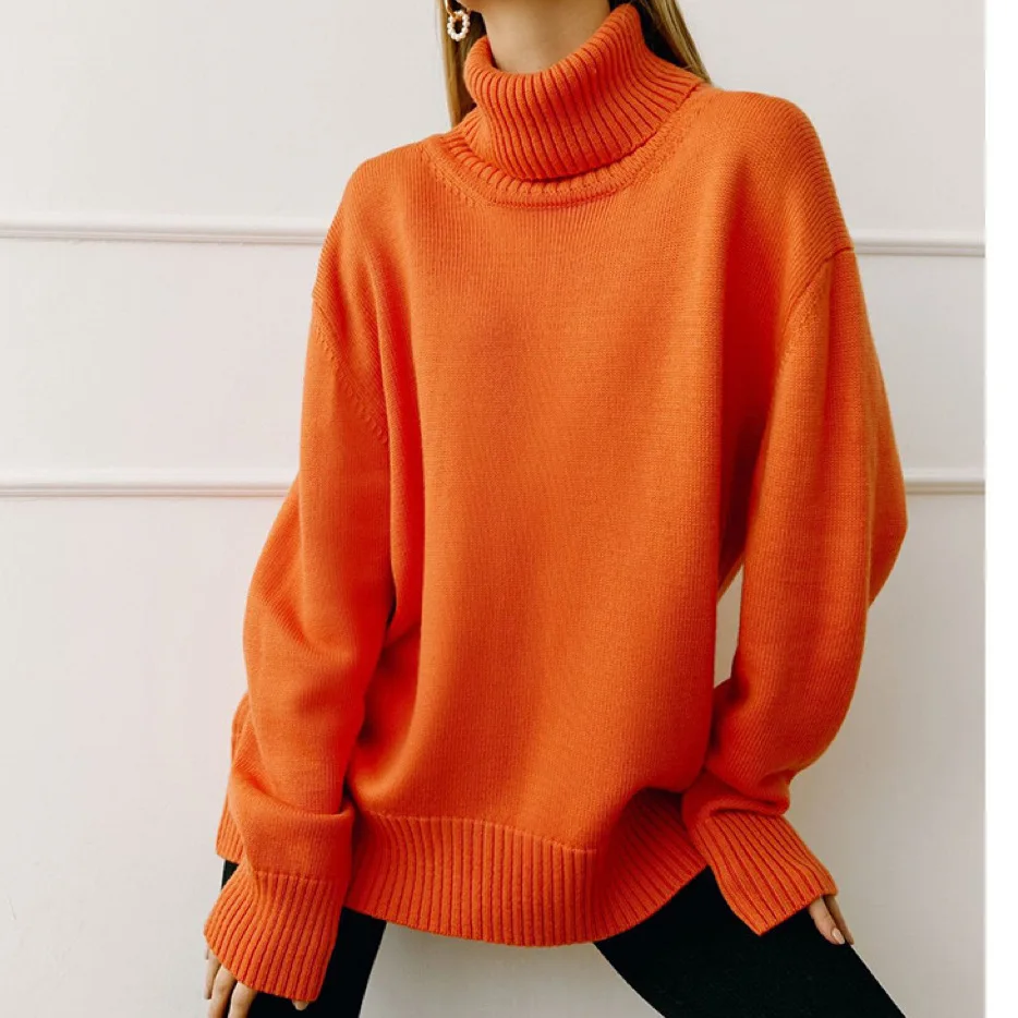 Women\'s Thick Sweaters Oversize Turtleneck Winter Warm Solid Pullovers Knitted High Neck Loose Casual Jumper Tops