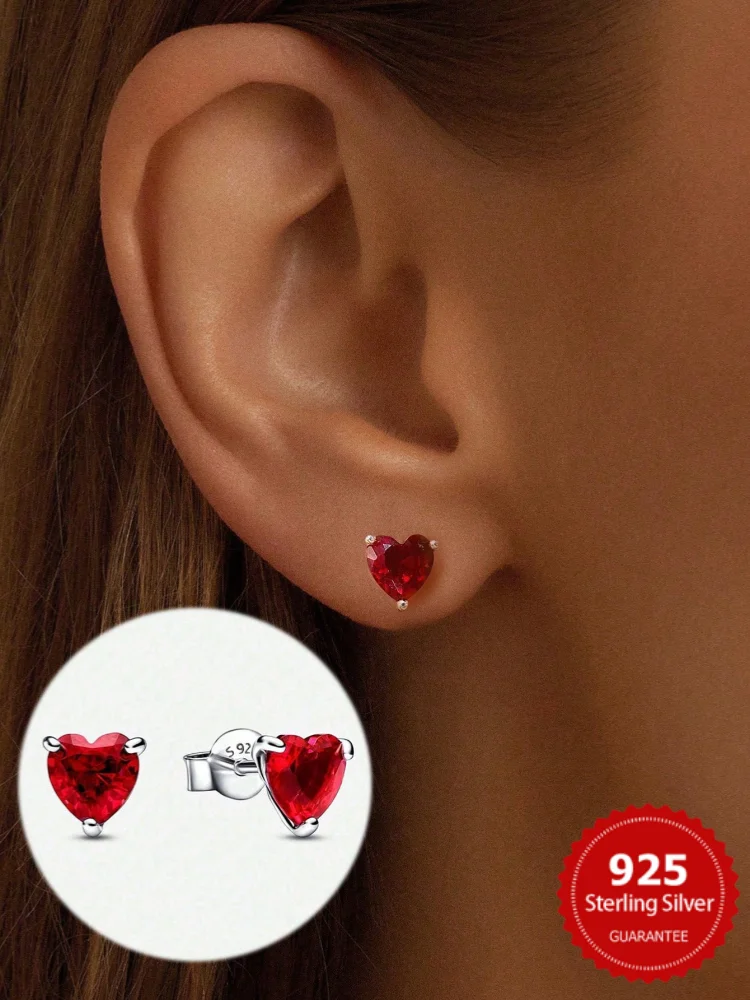 Pendientes de plata de ley 925 con forma de corazón de amor rojo redondo brillante para mujer, joyería fina de lujo para aniversario, compromiso y boda