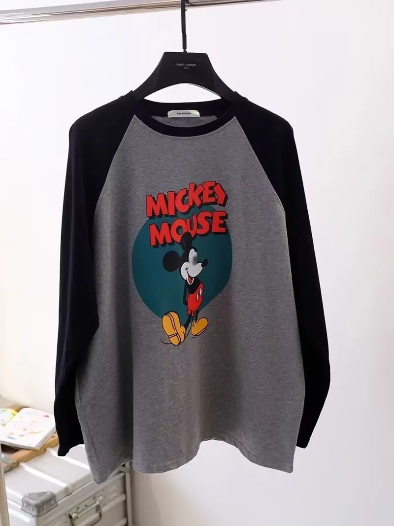 

American Retro High Street Trendy Brand Cartoon Mickey Print Long Sleeved T-shirt for Men's and Women's Oversized Women Clothes