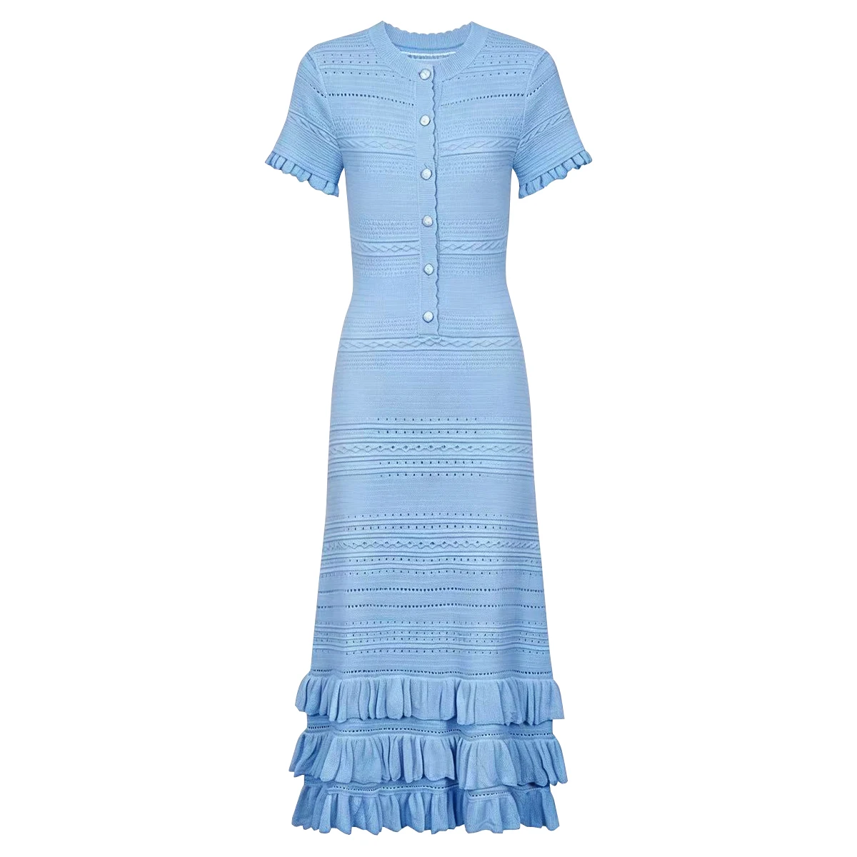 26125 High-quality Summer New Popular Stretch Knitted Slim Fit Fashionable Short Sleeved Lotus Leaf Lace Women Dress