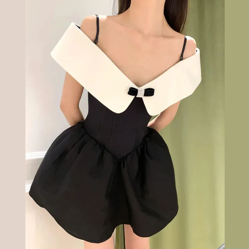 French Hepburn Style One Shoulder Dress Women Sweet Slash Neck Vintage Contrast Color Summer A-line Mini Dress Elegant Chic