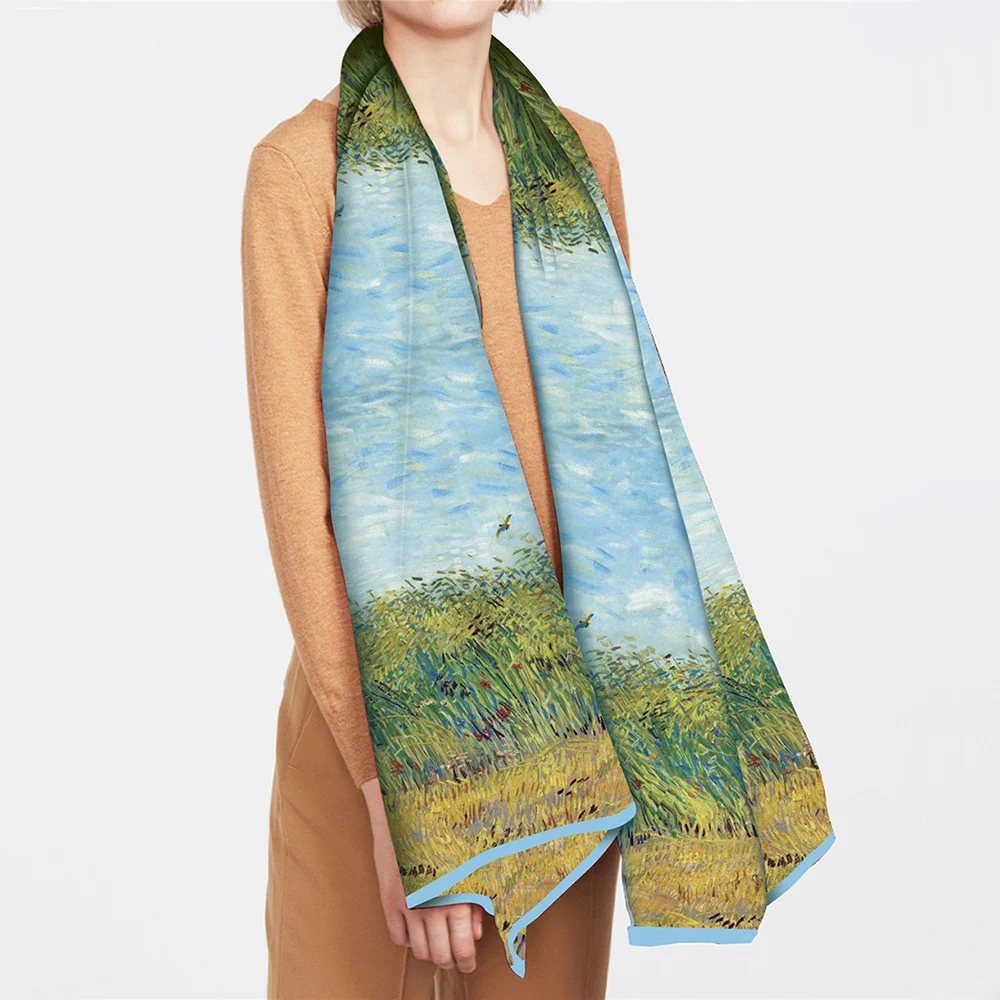 

Long Women's Scarf with Wheat Field And Lark Painting Double Layer Decorative Sash Silk Scarf Versatile Spring Fashion Accessory