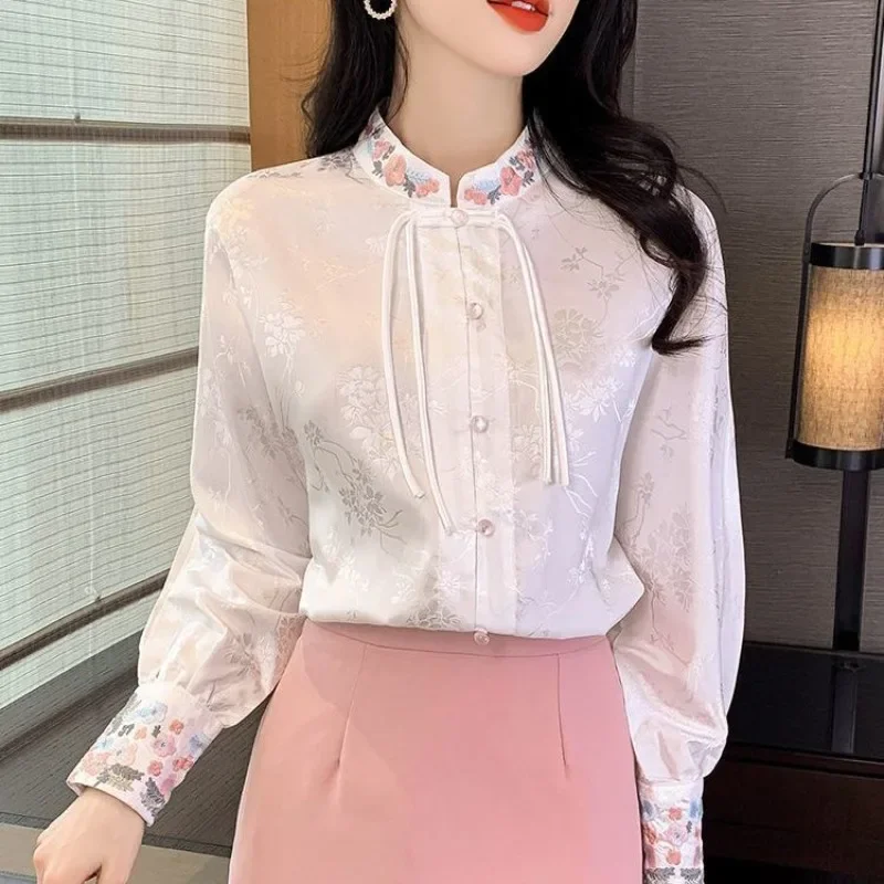 White Long Sleeved Embroidered Shirt 2024 Spring Autumn Women's Retro Button Top Chinese Traditional Hanfu Top Clothes for Women