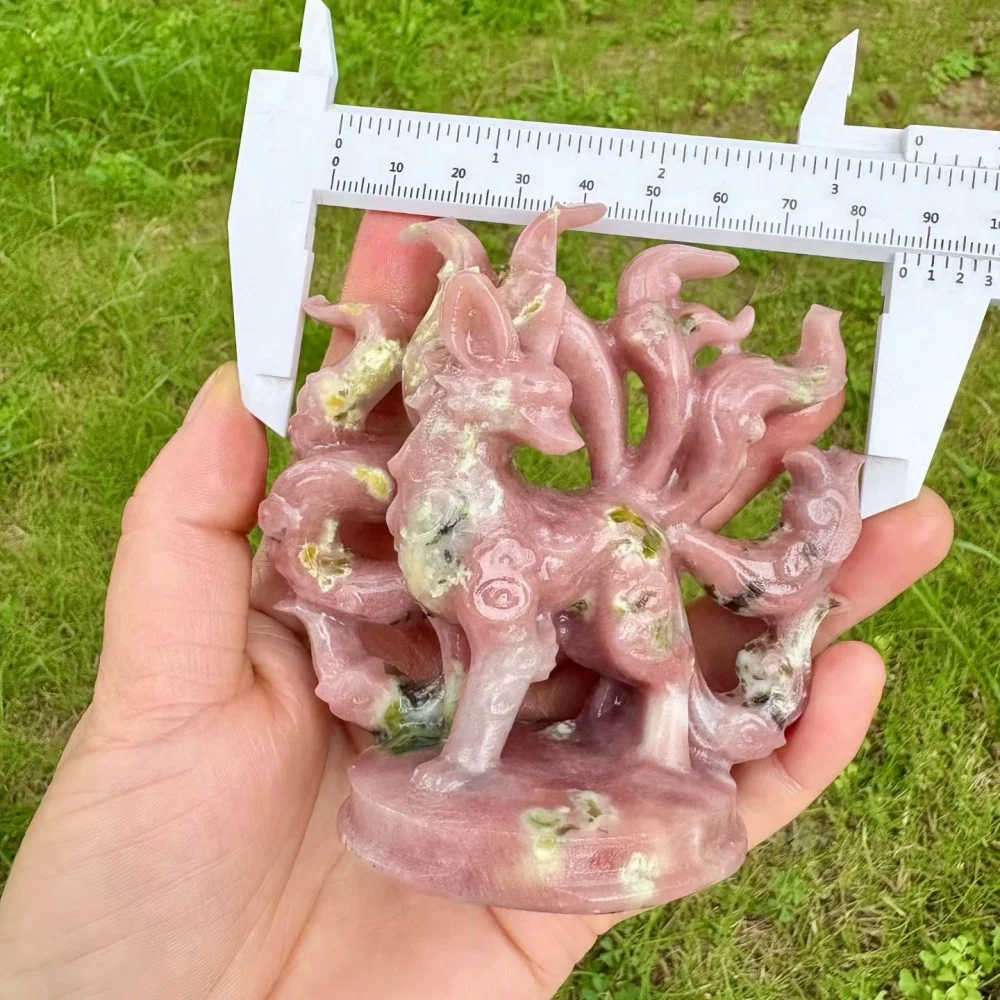 Peach Blossom Tourmaline Nine-Tailed Fox Figurine Natural Quartz Reiki Healing Crystal Mascot Collectible Ornament Souvenir