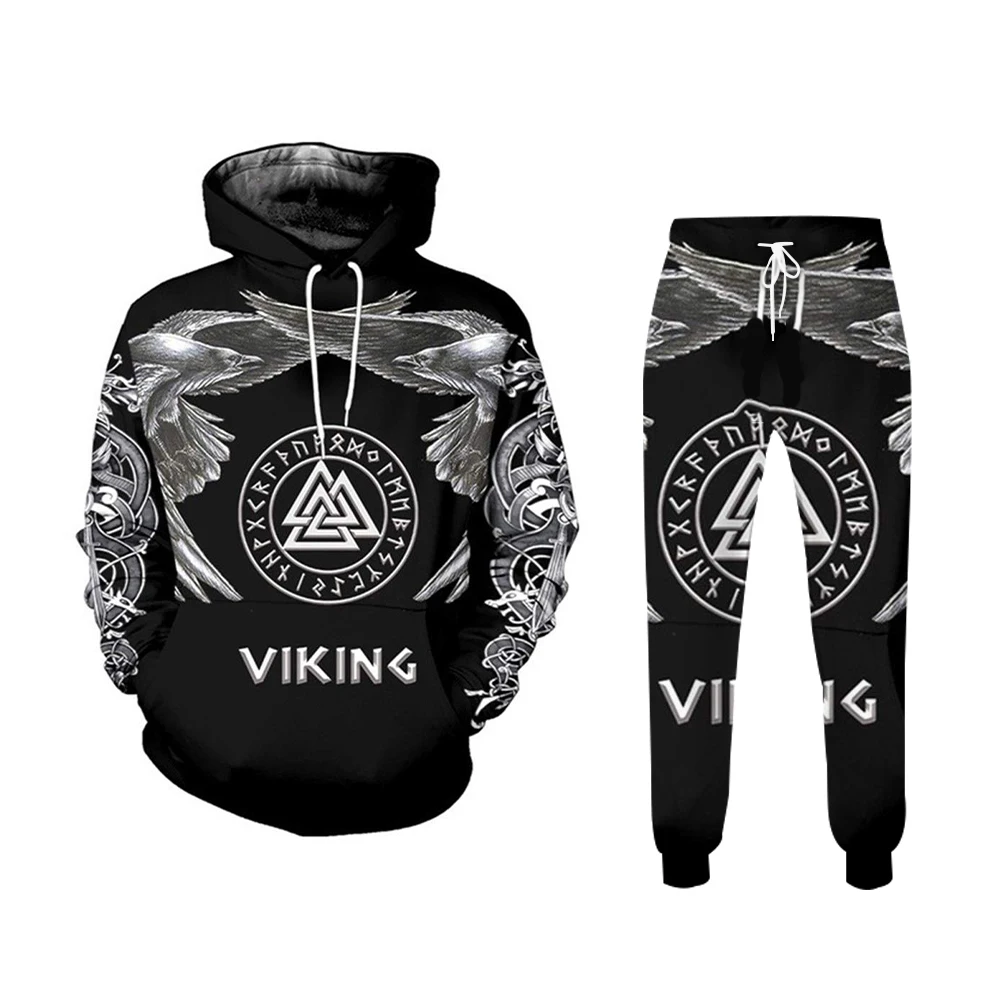 Men's Hoodies Set Vintage 3D Demon Print  2-Piece Hooded Sweat pants for Men Fall Casual Street Vintage Men's Fashion Sweatshirt