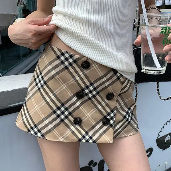 Spring and Autumn A-type khaki plaid skirt women's new plaid skirt skirt temperament hot girl low waist sexy slim