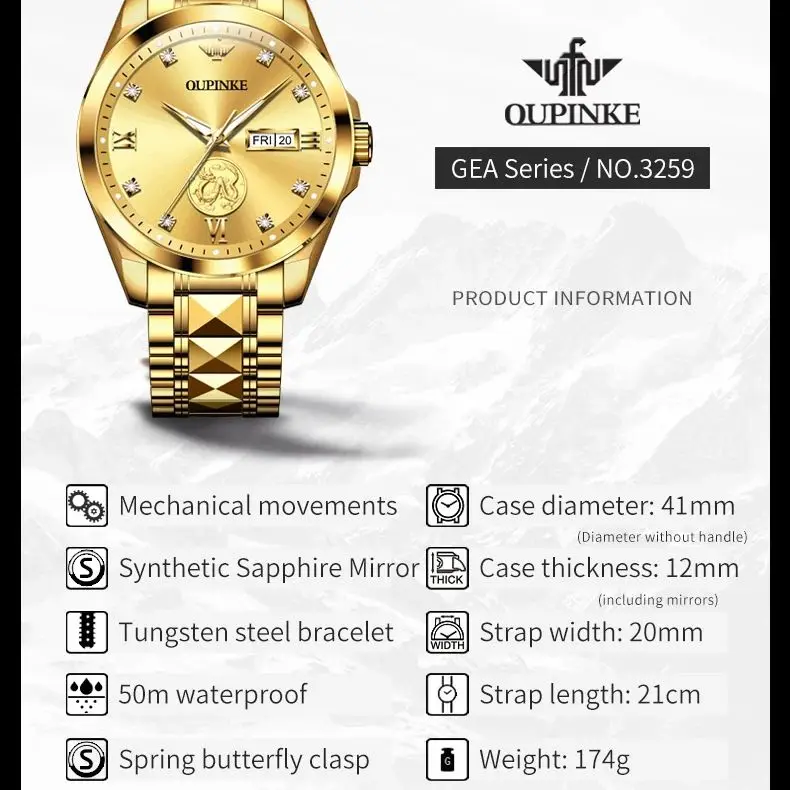 OUPINKE 3259 ساعة رجالية ذهبية حقيقية فاخرة مستوردة جميع ساعة ميكانيكية أوتوماتيكية ماركة التنغستن الصلب الياقوت ساعة رجالية هدية