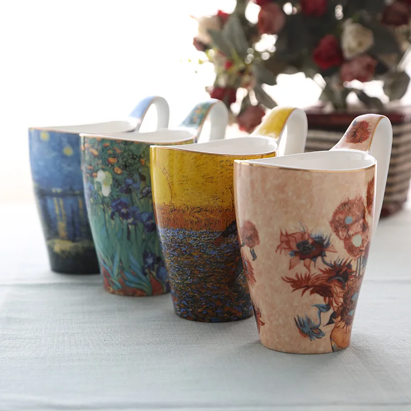 New Style Van Gogh Cup Blue Starry Sunflower Flower Coffee Mug Art Paintings Ceramic Bone China Cup Mugs Coffee Cups Tumbler Cup