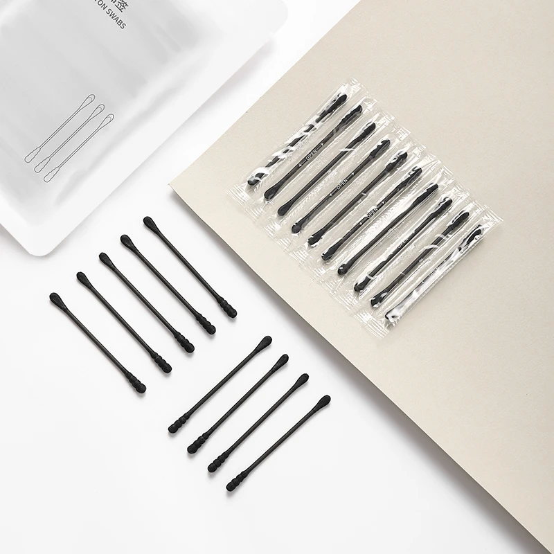 100개입 블랙 양면 면봉 일회용 귀 청소 및 메이크업 클리닝용