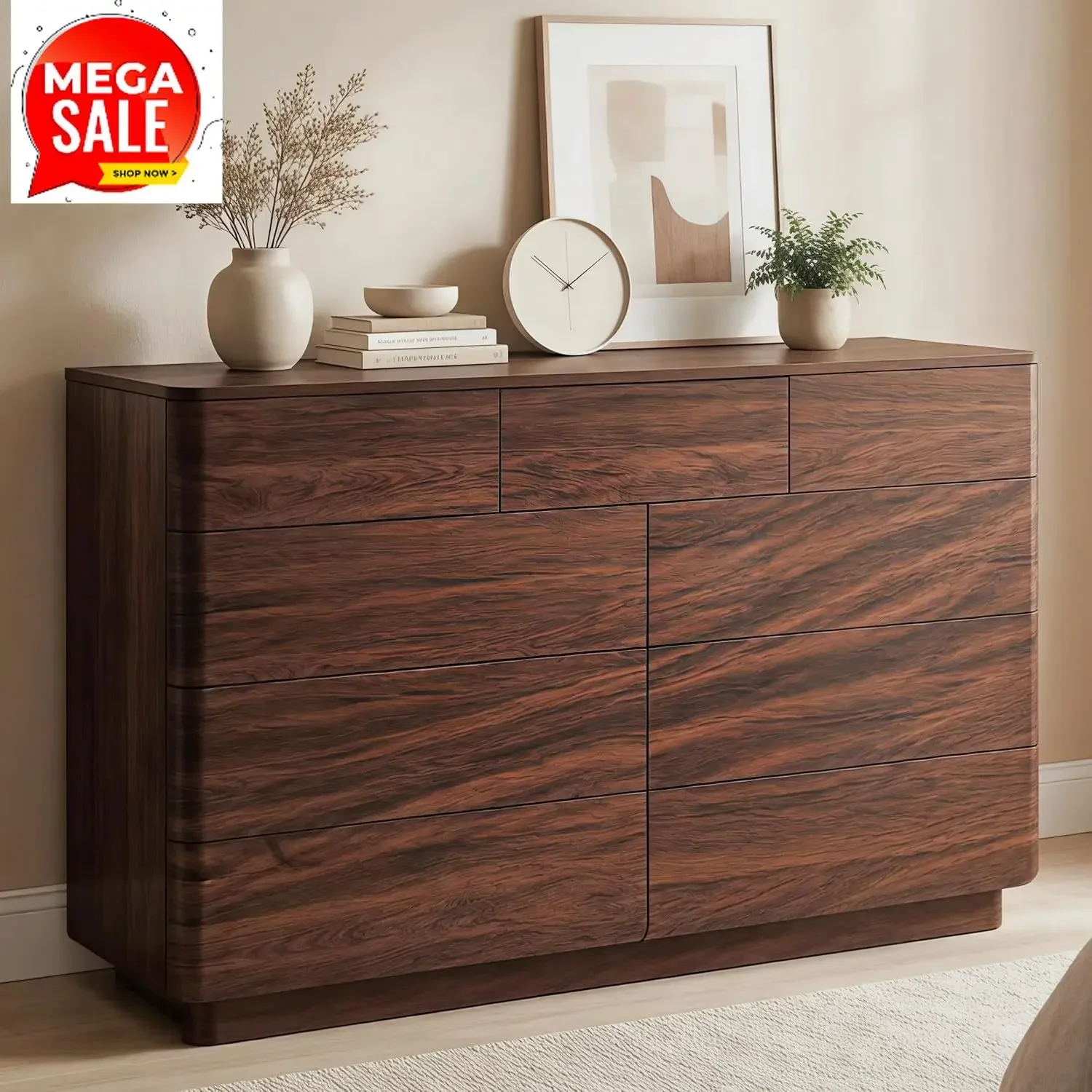 52 Inch Wide Modern Wood Dresser 9 Drawer Bedroom Storage Chest Hidden Handle Curved Profile Hallway Living Room TV Stand Dark W
