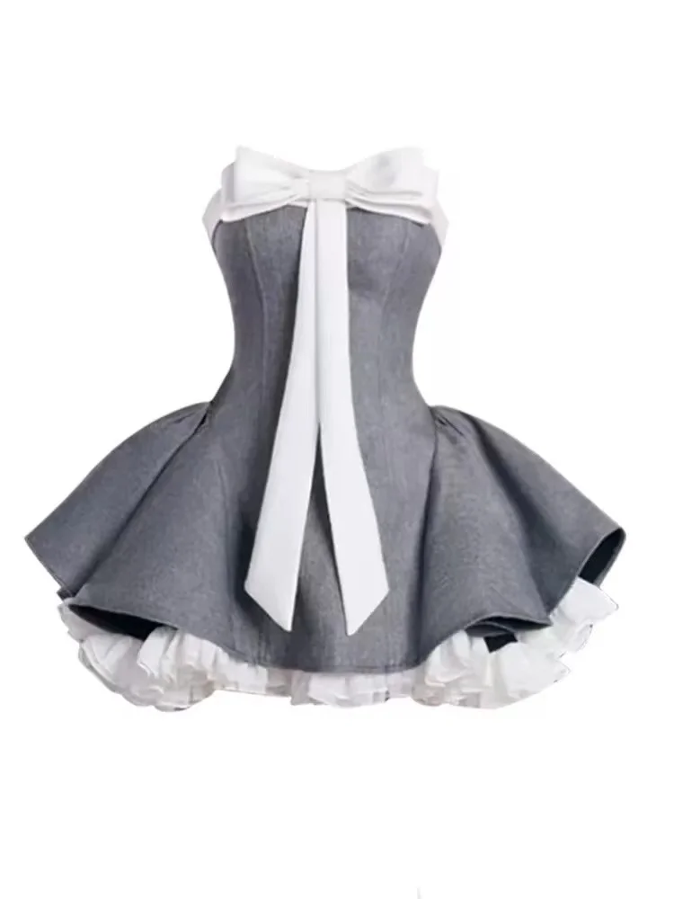 

Summer French Vintage Slim Mini Dress Women Strapless Bow Lace Patchwork High Waist Dress Female Elegant Chic Party Dress New