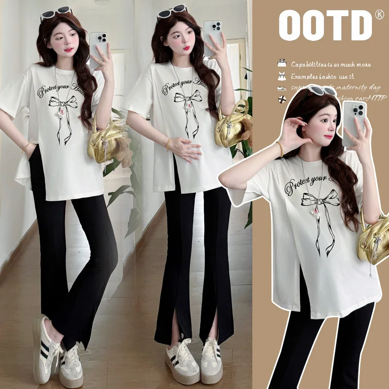 

2025 Summer Maternity Set - Trendy Graphic Tee + High-Slit Palazzo Pants, Fashion-Forward Mommy Outfit with Slimming Silhouette