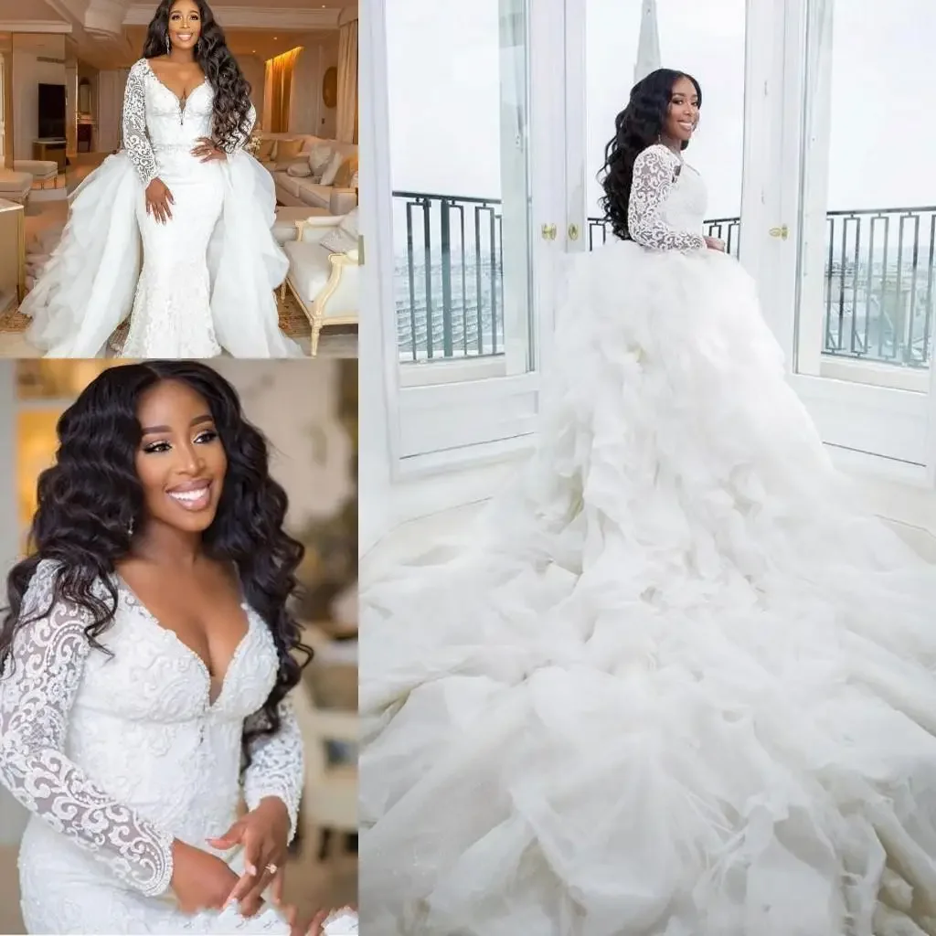 Customized African Black Girl Mermaid Wedding Dresses Sweetheart Lace Appliques Sleeves Long Detachable Train Plus Size Formal B