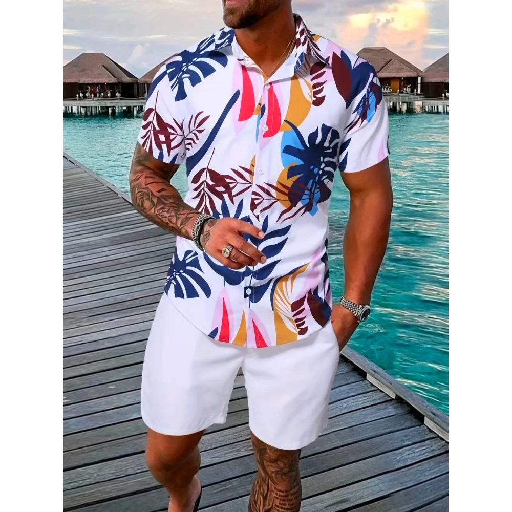 Men\'A Spring And Fall 2-Piece Beach-Style Short-Sleeved Button-Down Lapel T-Shirt Shorts drawstring Casual Business Sports suit