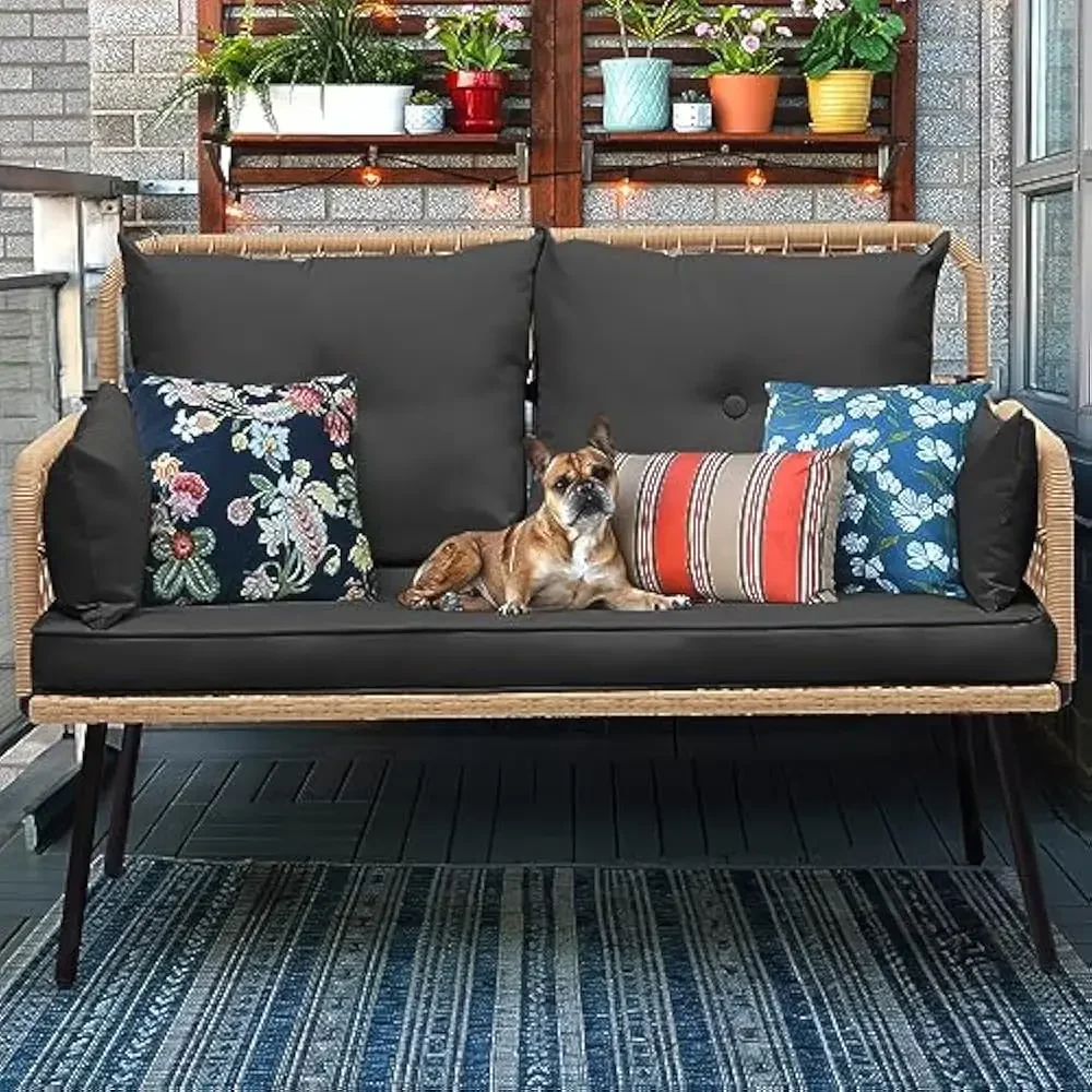 Cadeira de jardim, sofá de vime de dois lugares com vime e almofadas tecidas à mão, móveis de varanda para quintal, varanda e deck