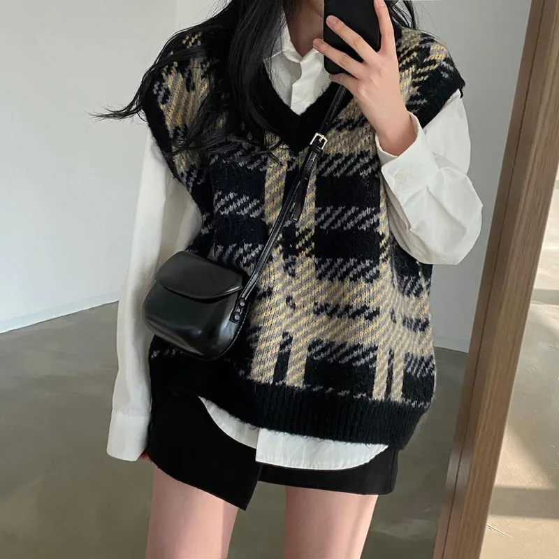 

Fashion Autumn Loose Casual Tank Top Plaid Printed V-neck Women Knitted Pullover Sweater Vest Spring Sleeveless Simple Waistcoat