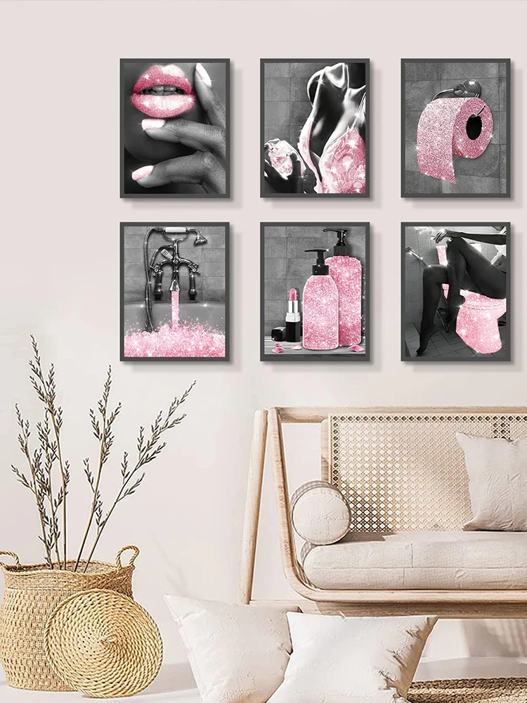 Peinture diamant à faire soi-même, nouveau 2023, Glam rose, décor de salle de bain, noir et blanc, image moderne, parfum femmes, décor de salle de bain amusant